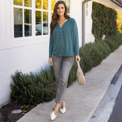 Grace & Lace | Button Front Ruched Top - Sea Green