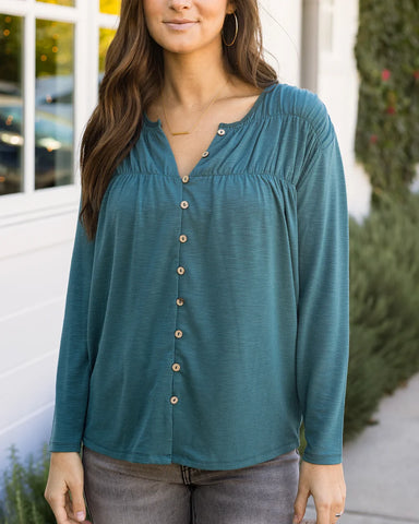 Grace & Lace | Button Front Ruched Top - Sea Green