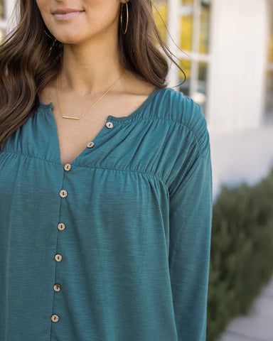 Grace & Lace | Button Front Ruched Top - Sea Green