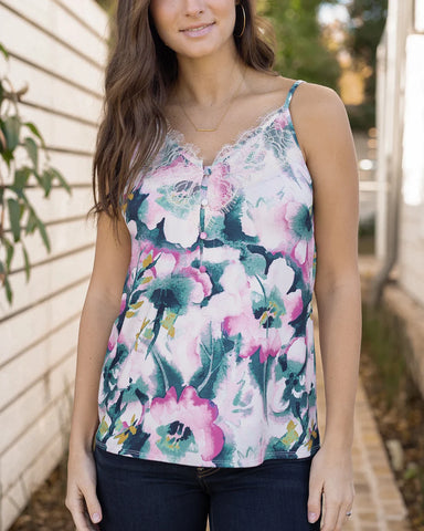 Grace & Lace | Button Lace Trim Cami - Watercolor Floral