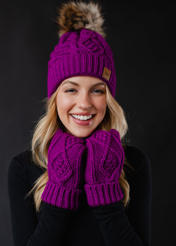 Cable Knit Mittens - Grape